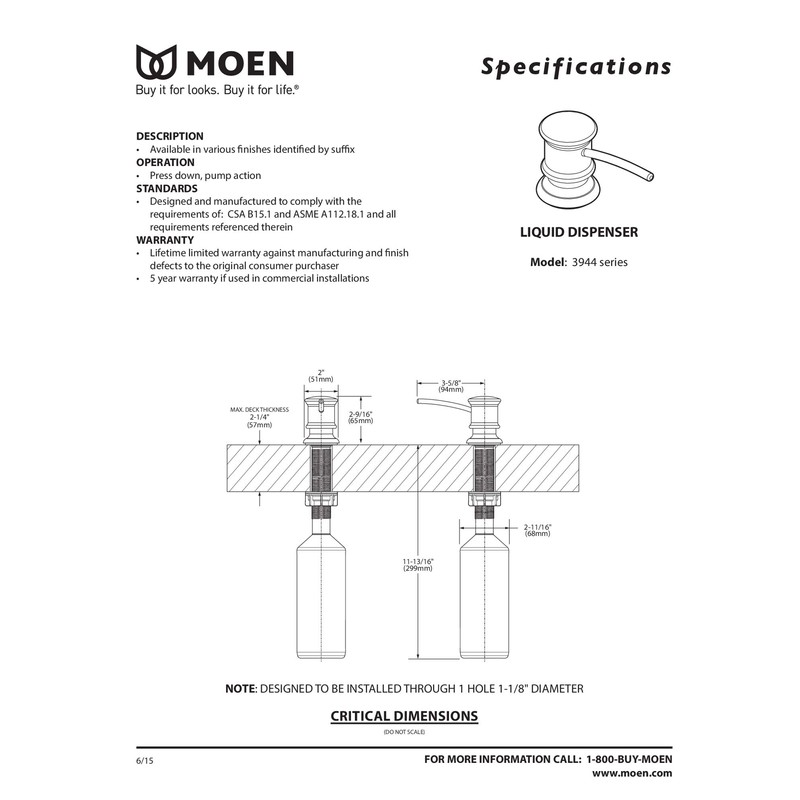Moen 3944 Deck Mounted Kitchen Soap Dispenser with Above the