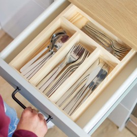 LAUBLUST Wooden Cutlery Tray Approx. 31 x 25 x 7 cm, 4 Cutlery Compartments, Natural Solid Wood - Cutlery Drawer for Drawers