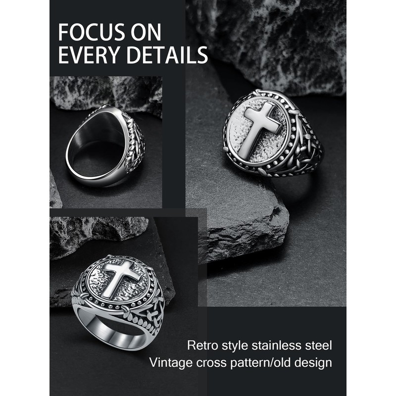 Oaldilee Stainless Steel Signet Ring Shield Cross Rings Chrsitian Amulet