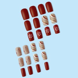 Cubahop Pack of 24 Christmas Nails, Short Square Fake Nails, Red Elk, Forest, Snowflakes, False Nails, Snowman, Gold Foil, Glitter Press on Nails for Women and Girls (I)