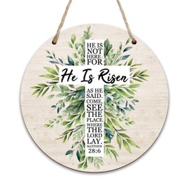 He Is Risen Easter Door Sign Decorations, Greenery Leaves Religious Hanging Sign For Home Farmhouse Porch Wall, Spring Easter Gifts For Friends Family Christian, Spring Welcome Sign For Front Door -03
