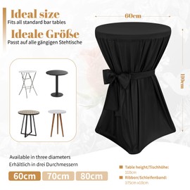 Pesonlook Pack of 2 Premium High Table Covers, Black Standing Table Covers, Opaque Diameter 60 cm, Non-Slip and Washable at 40 °C, Bar Table Covers with Ribbon, Standing Table Cover for Bar Table