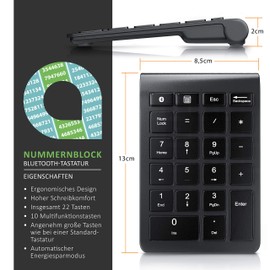 CSL - Numpad Bluetooth - Ziffernblock kabellos - Keypad mit 22 Tasten - 10 Multifunktionstasten Multimedia-Keys - Tastatur mit Energiesparmodus - ergonomisch - für Laptop Desktop PC und Notebook