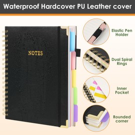 LABUK Leather Spiral 5 Subject Notebook with Removable Dividers Tabs, 300 Pages B5 Hardcover Spiral Notebook, 8"x10" Journal for Work School Note Taking, College Ruled Journal for Women, Black