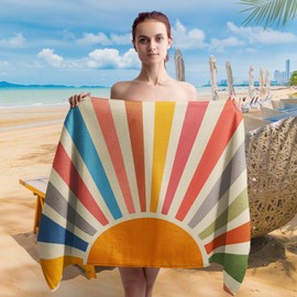 WAITPI Boho Colorful Sun Sunshine Beach Towel, Sunrise Sunset Microfiber Beach Towels Oversized 30x60 Inch for Bathroom, Boho Quick Dry Travel Sand Free Beach Towel Decor for Swimming Pool Camping
