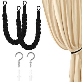 Black Curtain Tie Backs, 2 Sets of Curtain Tiebacks with Hooks, Durable Cotton Rope and Steel Hooks, Elegant Boho Style, Ideal for Home, Hotel, and Office Curtains