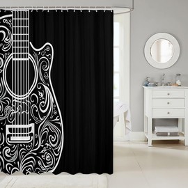Guitar Bath Curtain Music Themed Guitar Shower Curtain Guitar Instruments Print Bathroom Shower Curtain Set for Stalls Bathtubs Room Decor Stylish Black White Waterproof Bathroom Curtains 72x72 Inch