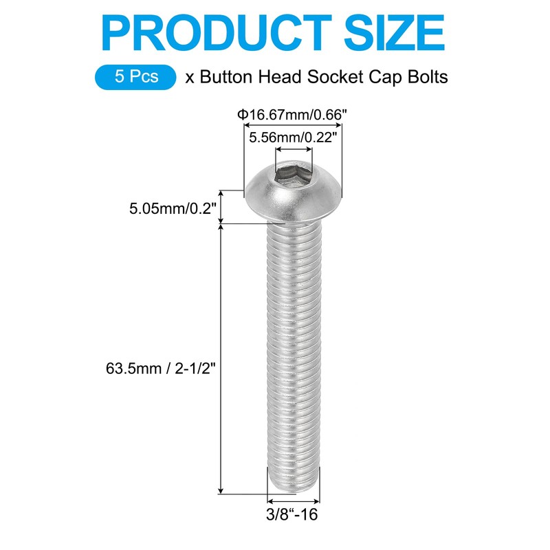 PATIKIL 3/8-16x2-1/2" Button Head Socket Cap Screws, 5 Pcs 304