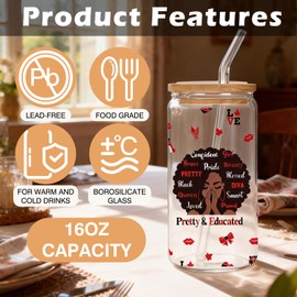 VeloKomo Sorority Gifts for Women - 16 Oz Glass Cups with Lids and Straws Aesthetic Red Water Cup Black Girl Iced Coffee Tumbler Graduation Birthday Gift for Colleagues Sister Friends Bestie Daughter