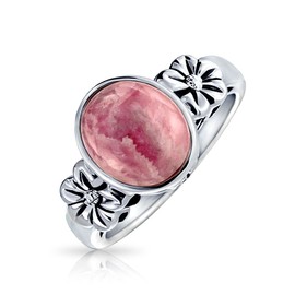 Flower Bezel Oval Gemstone Pink Rhodochrosite Boho Fashion Ring Band For Women For Teen .925 Sterling Silver