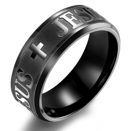 Adreamz 8mm Silver Black Gold Mens Women Lord's Prayer Jesus Cross Stainless Steel Ring Cross Jesus Engraved Christian Religious Ring (black, 8.5)