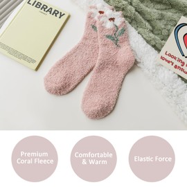 QKURT 5 Pairs Fluffy Socks for Women, Winter Warm Cozy Coral Fleece Socks with Flower Pattern, Soft Fuzzy Socks Home Sleeping Slipper Socks Christmas Stocking Stuffers for Ladies Girls