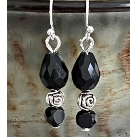Black Crystal Teardrop and Etched Silver Rose Earrings. Jewelry Earrings for Women #3298FE656