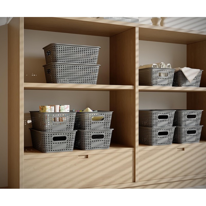 6 Pack Plastic Breathable Storage Baskets with Lids, Gray