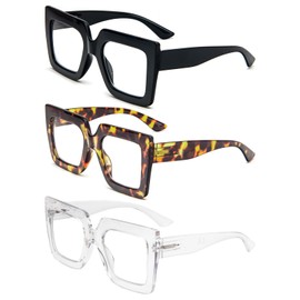REAVEE 3 Pack Oversized Reading Glasses for Women Large Frame Extra Wide, Blue Light Blocking Readers Stylish Square Thick Eyewear, Black Leopard Clear 1.25