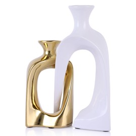 PlivBloom White and Gold Ceramic Vases,Pottery Decor Aesthetic Pampas Grass Vase,Midcentury Modern Decor Boho Vase,Unique Donut Vase for Coffee Table Centerpiece,Entry Table Decor (White Gold)