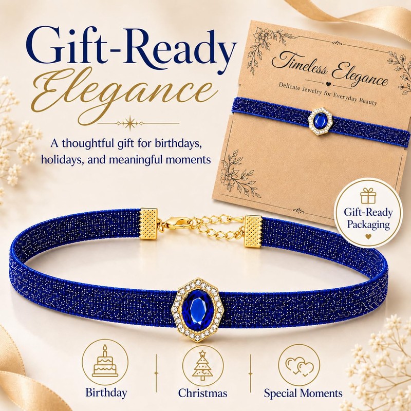 AnalysisyLove Blue Velvet Rhinestone Pendant Choker Necklace for Women