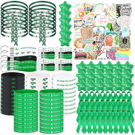 JellyArch 338 Pcs Mental Health Awareness Items Include Stickers, Rubber Wristbands, Bracelet, Key Chains, Green Ribbon Pins, Star Stress Ball for Adults Teens Mental Health Awareness Month Gifts