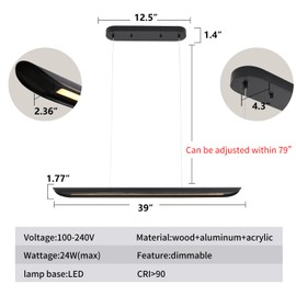 39" Modern Led Linear Pendant Light Dimmable Ceiling Hanging Lights Wood Linear Chandeliers Office Lighting for Dining Room Kitchen Island Pool Table Light Living Room Bar Pendant Light Black 24W