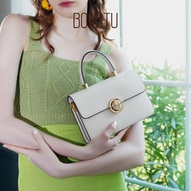 BOYATU Leather Vintage Handbags Women: Fashion Ladies Top Handle Purses Buckle Shoulder Purse for Women - Small Crossbody Handbags for Travel (White)