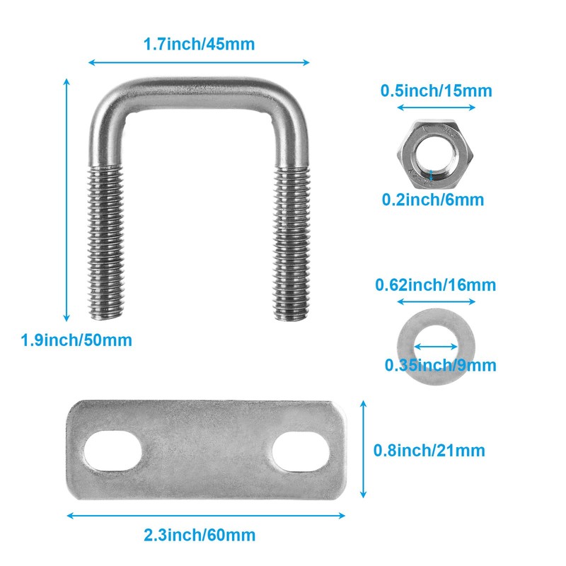 4Pack Square U-Bolts 1-1/4"(30mm) Inner Width, 304 Stainless Steel U