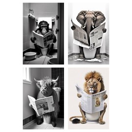 YILANJIN Decorative Poster, 21 x 30 cm, Black White Toilet Wall Decoration Set, Funny Canvas Bathroom Pictures, Animal Bathroom Decoration Pictures for Living Room, Wall Decoration for Bedroom, Dining