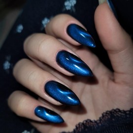 IQXGE Medium Almond Press on Nails Full Cover False Fake Nails Press ons Cat Eye Stick on Nail Royal Blue Glitter Acrylic Fake Nail with Galaxy Shiny Artificial 24Pcs Reusable for Women