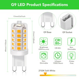 BUBO G9 LED Bulb 2700K Soft White 430 Lumens, 3W Equivalent 40W T4 G9 Halogen Replacement, 360°Beam Angle 120V Non-Dimmable No-Flicker G9 Light Bulbs for Crystal Chandelier Lighting, 10 Pack