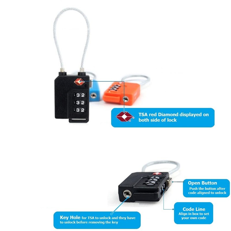 2 x V.S.P. Luggage Locks TSA Approved, Cable Travel Locks,