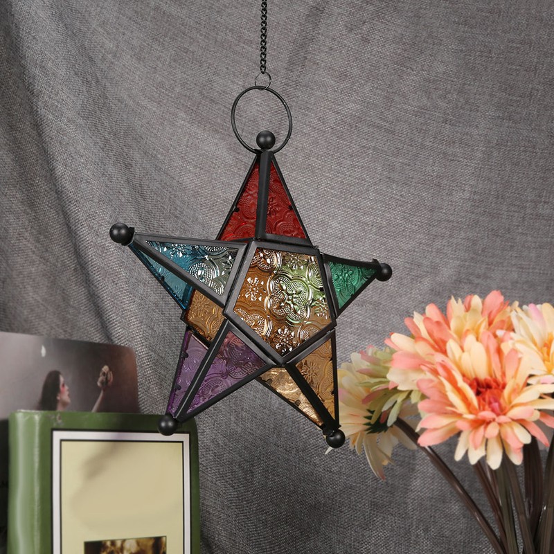 Moroco Iron Style Coloured Glasses Lantern Garden Outdoor Terrace Ornament(Black)