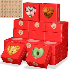 Janlaugh 50 Pcs Red Bakery Boxes for Women Mother with Window Heart Cupcake Treat Cookie Dessert Box Bulk Mom Gift for Chocolate Strawberries Donuts Candy Party Favor (4x4x2 Inch)