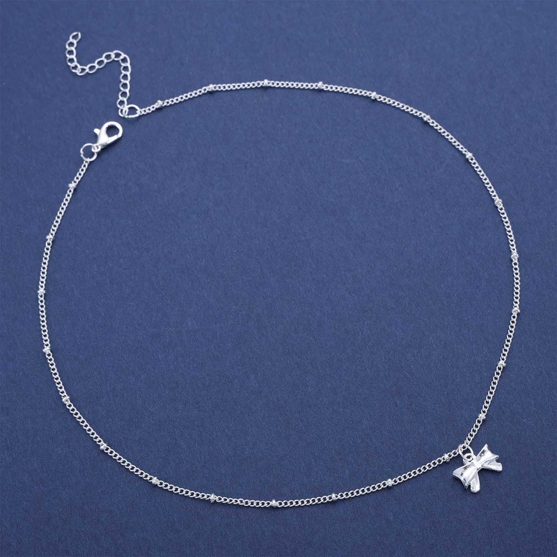 TseenYi Bow Pendant Necklace Silver Bow Knot Pendant Necklace Small