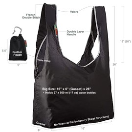 EcoJeannie 3 Pack Ripstop Nylon Foldable Reusable Bags Grocery Shopping Tote Bag, Built-in Pouch, RBS038 (Black-Black-Black)