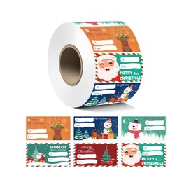 Tags Stickers, 250pcs Self Adhesive Kraft Name Label Stickers with Santa, Snowmen, Xmas Tree, Reindeer, Bells Holiday Designs for Presents, Party Bags, Cards, Envelope
