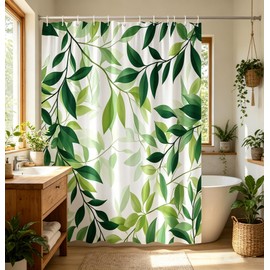 Green Leaves Shower Curtain Rustic Green Plants Nature Botanical Minimalism Neutral Watercolor Ombre Bathroom Decor Polyester Fabric Curtains with Hooks 70 "W x 70" L
