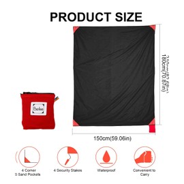 BeiLan Mini Pocket Picnic Blanket Durable Lightweight Waterproof Sand Proof Beach Camping Travel Mat Foldable Thin Ground Sheet for Outdoors Activities (150 * 180cm, Black & Red)