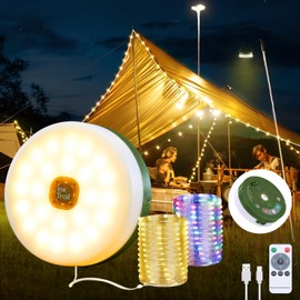 Camping String Lights, 4 in 1 Quick Storage 33FT Rechargeable Tent Lights with 14 Lighting Modes, Hanging Waterproof Portable Retractable LED Lamp for Outdoor, Patio, RV, Awning, Garden, Party