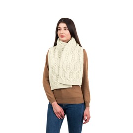 SAOL Aran Fisherman Leaf Scarf for Women, Irish Traditional Merino Wool Muffler Ladies Made in Ireland, Natural, One Size