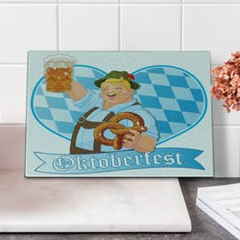 Lunarable Oktoberfest Cutting Board, Oktoberfest Guy Celebrating Enjoying Entertaining Beer Fest National Holidays, Decorative Tempered Glass Cutting and Serving Board, Small Size, Brown Blue