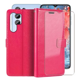 HGJTFANY Wallet Case for Oukitel C1 (6.52 Inches) with Tempered Glass Film, Premium Leather Flip Case, Stand Function, Protective Case, Soft TPU Lining Case for Oukitel C1 - Rose Red