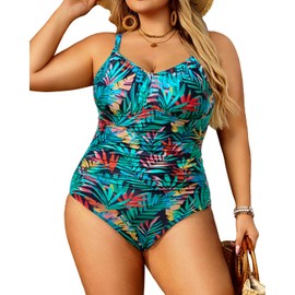 Aqua Eve - Traje de baño de una pieza con control de abdomen para mujer, traje de baño clásico, hojas coloridas, 16 Plus