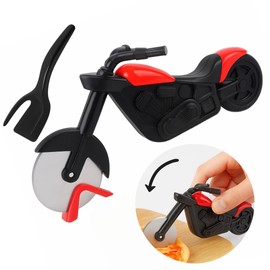 Motorbike Pizza Cutter, Stainless Steel Pizza Wheel & Spatula Server, Creative Gift for Pizza Lovers & Motorcycle Enthusiasts, Novelty Kitchen Tool, 1 Black & Red Cutter and 1 Grip & Flip Spatula