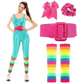 SATINIOR Women and Girl Doll Costume Accessories Set Unitard 80's Party Knit Leg Warmer, Patent Leather Belt, Bow Hair Tie (Turquoise,Large)