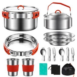 Camping Cooking Set,Camping Cookware Mess Kit,304 Stainless Steel Camping Pot and Pan Set with Kettle Cups Plates Forks Knives Spoons for Camping, Picnic, RVs for 2 People