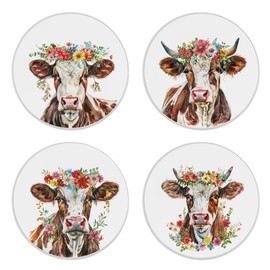 Drink Coasters Set of 4, Highland Cow with Flower Coasters for Drinks Ceramic Coasters with Cork Bottom for Kinds of Mugs and Cups,Home Decor,4''