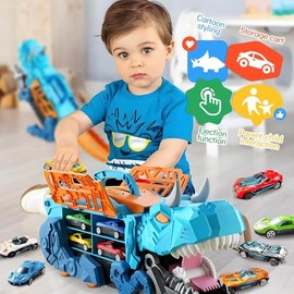 Camión de Juguete de Dinosaurios con 16 Coches, MCSWSEE Dinosaurios de Juguetes, Camión de Dinosaurio Transportador de Automóviles con Deslizante Pleg