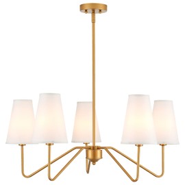 MhyTogn Modern Antique Brass Brush Paint Finish Chandelier, with Creamy-White Fabric Shade Pendant Lighting Fixture for Dining Room Living Room Kitchen Island Bedroom 5-Light