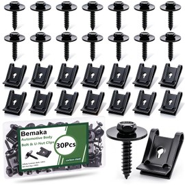 Bemaka 30Pcs M4.2 Automotive Body Bolt & U-Nut Clips Kit, Multipurpose Fender Bolts Body Fastener Clips for Most Cars Bumper Engine Splash Shield