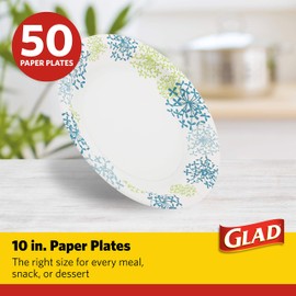 Glad Round Disposable Paper Plates for All Occasions | New & Improved Quality | Soak/ Cut Proof, Microwaveable Heavy Duty | 10" Diameter, 50 Count Bulk Plates | Glad