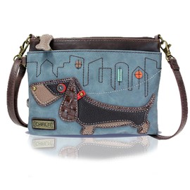 Chala Mini Crossbody Handbag, Multi Zipper, Pu Leather, Small Shoulder Purse Adjustable Strap (Indigo Weiner Dog)